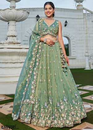 Pastel Green Ready-to-Wear Lehenga in Tissue with Embroidery