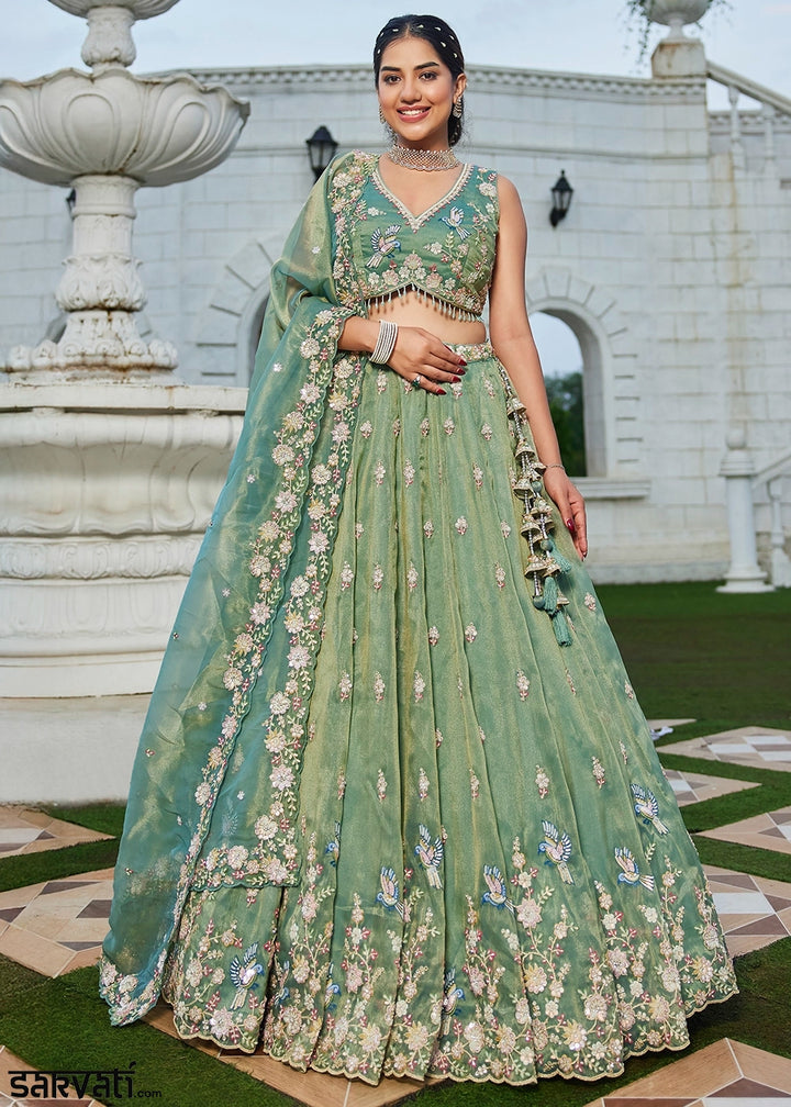 Pastel Green Ready-to-Wear Lehenga in Tissue with Embroidery