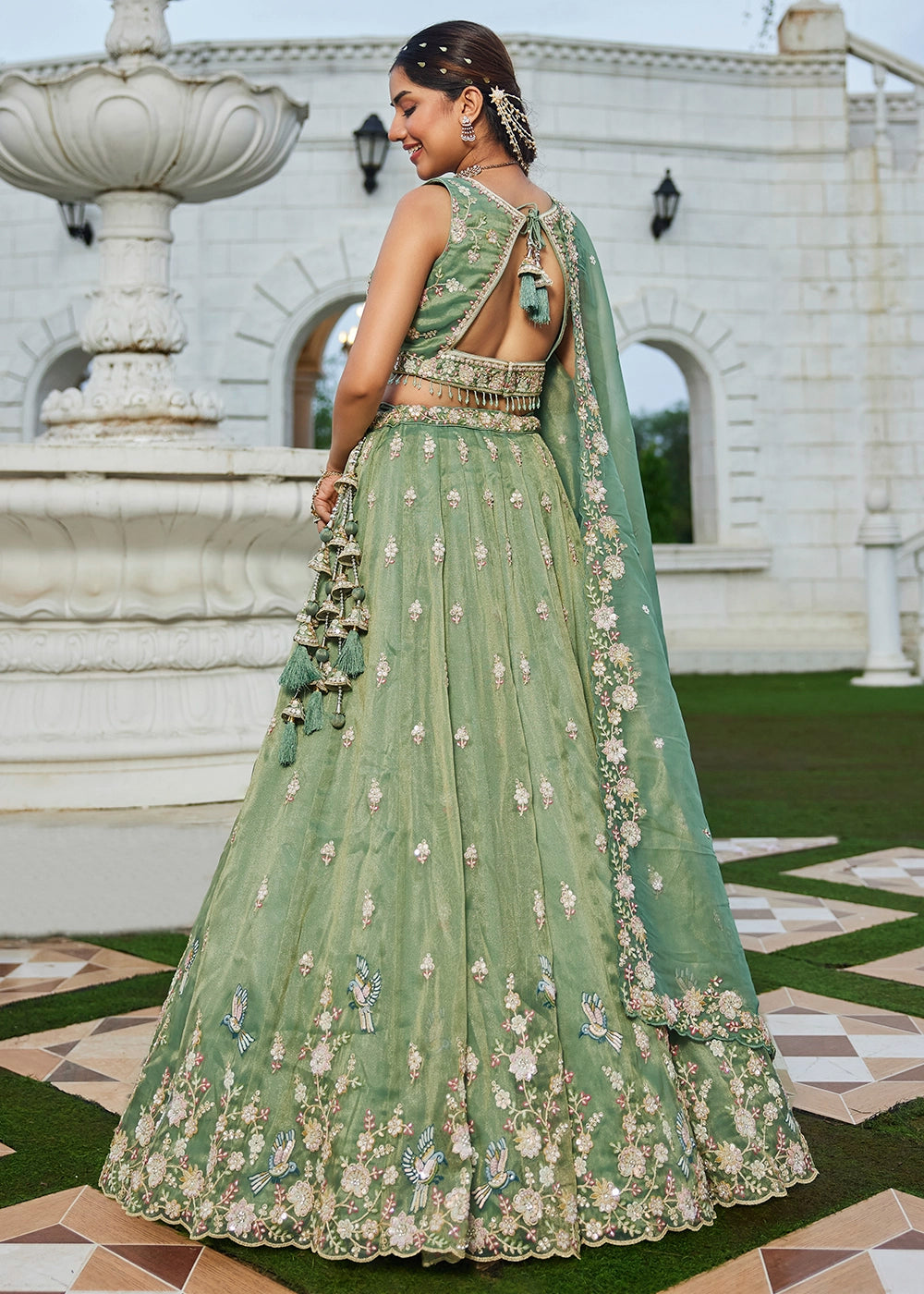 Pastel Green Ready-to-Wear Lehenga in Tissue with Embroidery