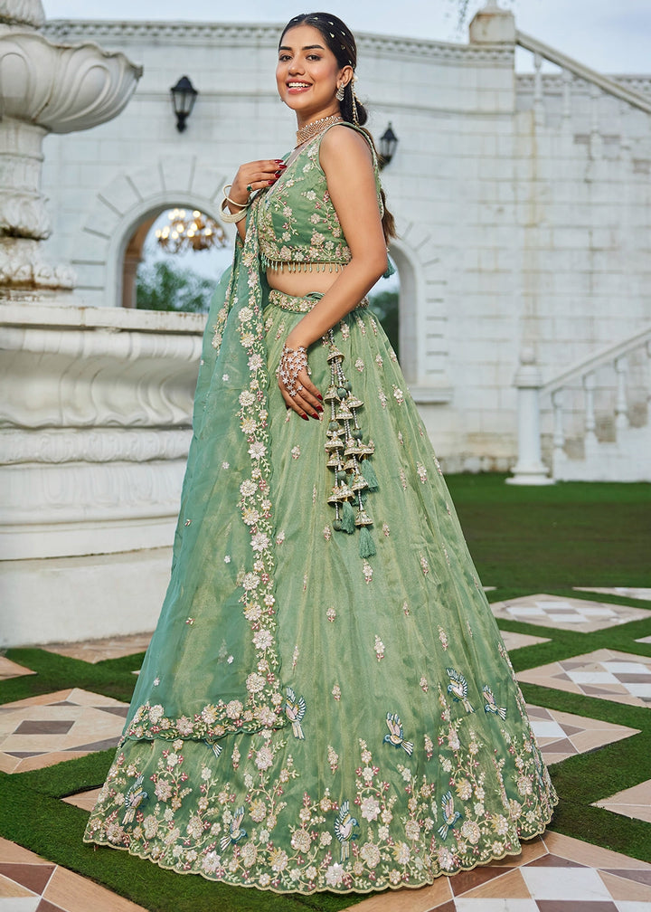 Pastel Green Ready-to-Wear Lehenga in Tissue with Embroidery