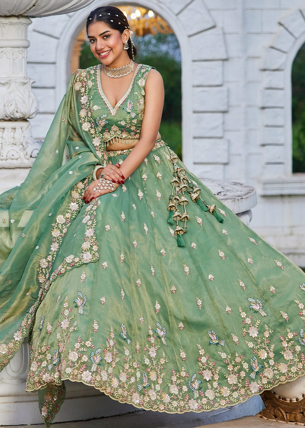 Pastel Green Ready-to-Wear Lehenga in Tissue with Embroidery