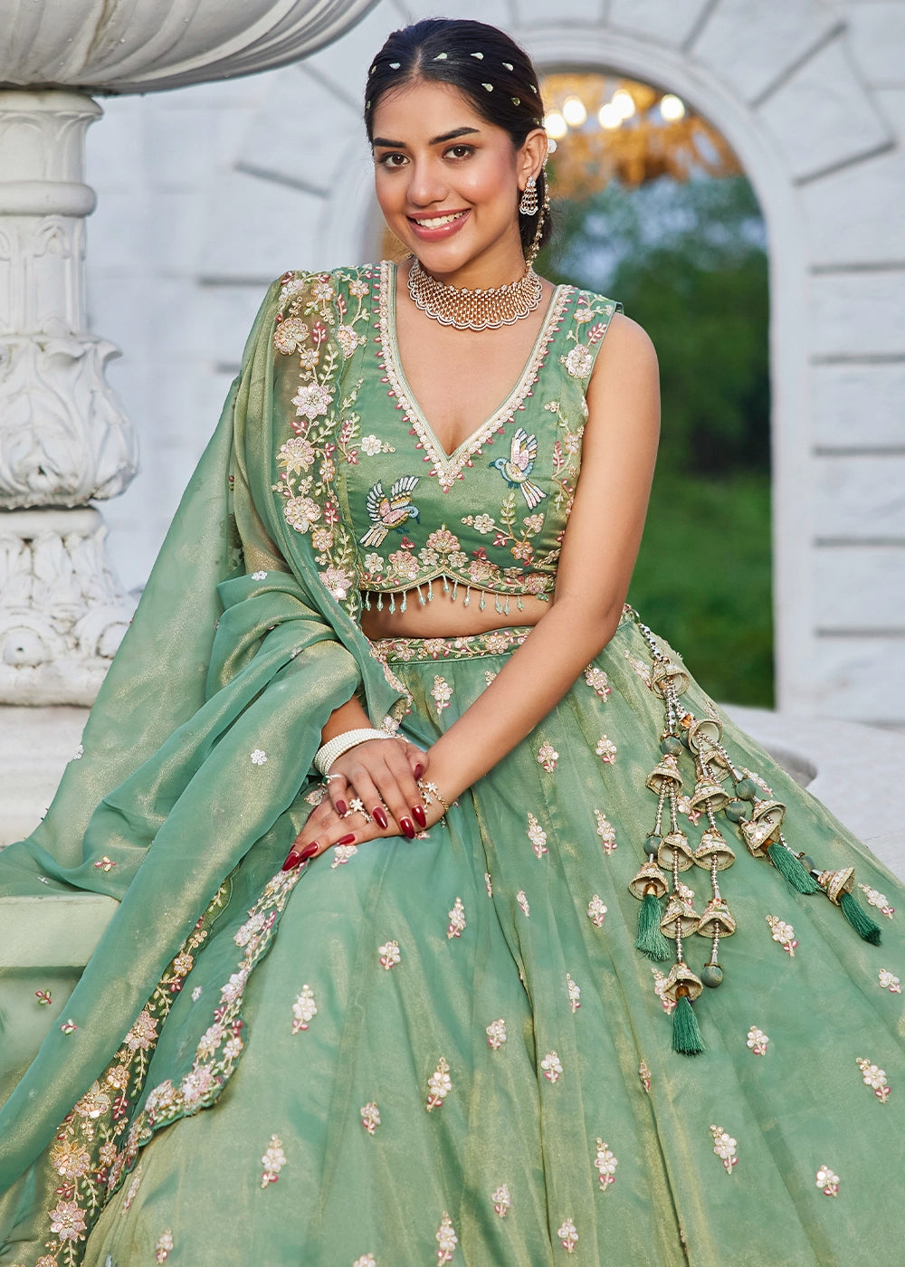Pastel Green Ready-to-Wear Lehenga in Tissue with Embroidery