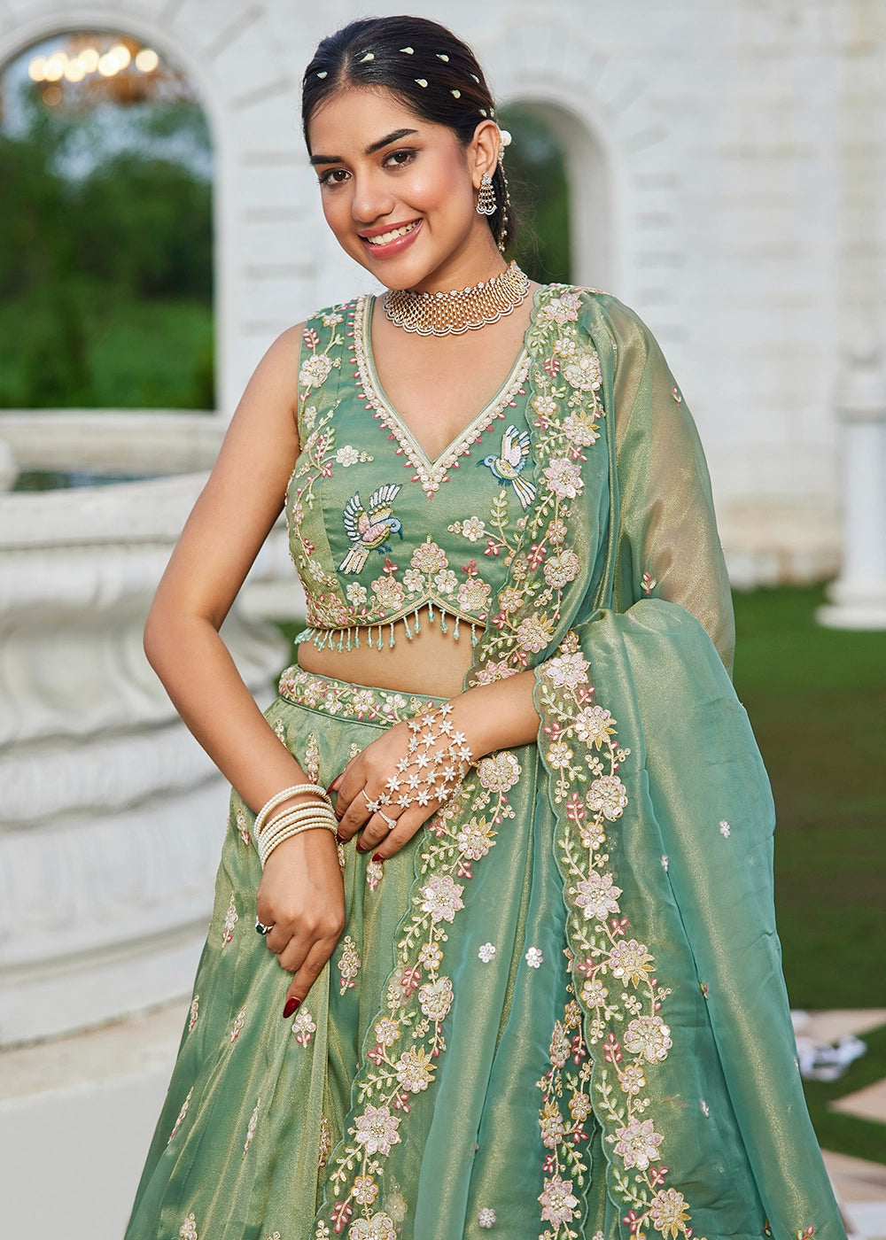 Pastel Green Ready-to-Wear Lehenga in Tissue with Embroidery