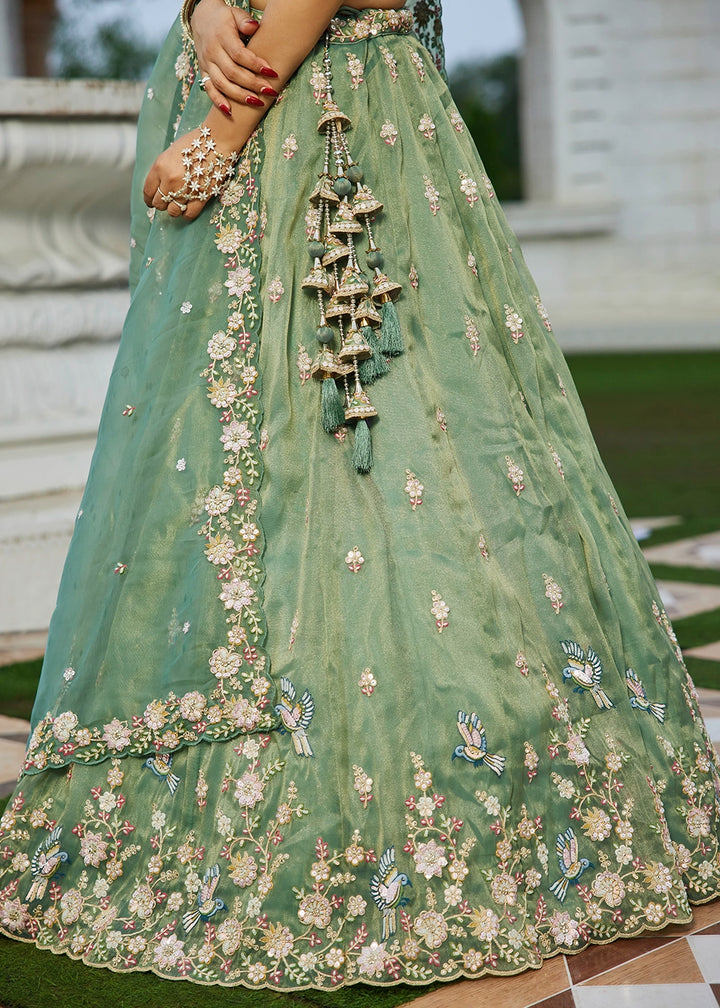 Pastel Green Ready-to-Wear Lehenga in Tissue with Embroidery