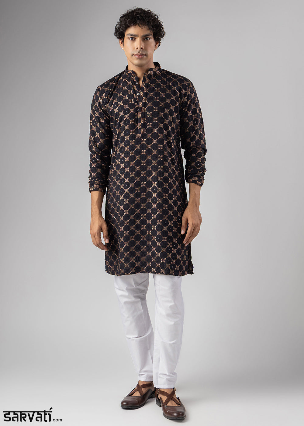 Coal Black Rayon Kurta with Circular Motif Embroidery
