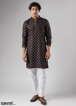 Coal Black Rayon Kurta with Circular Motif Embroidery