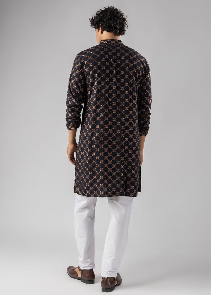 Coal Black Rayon Kurta with Circular Motif Embroidery