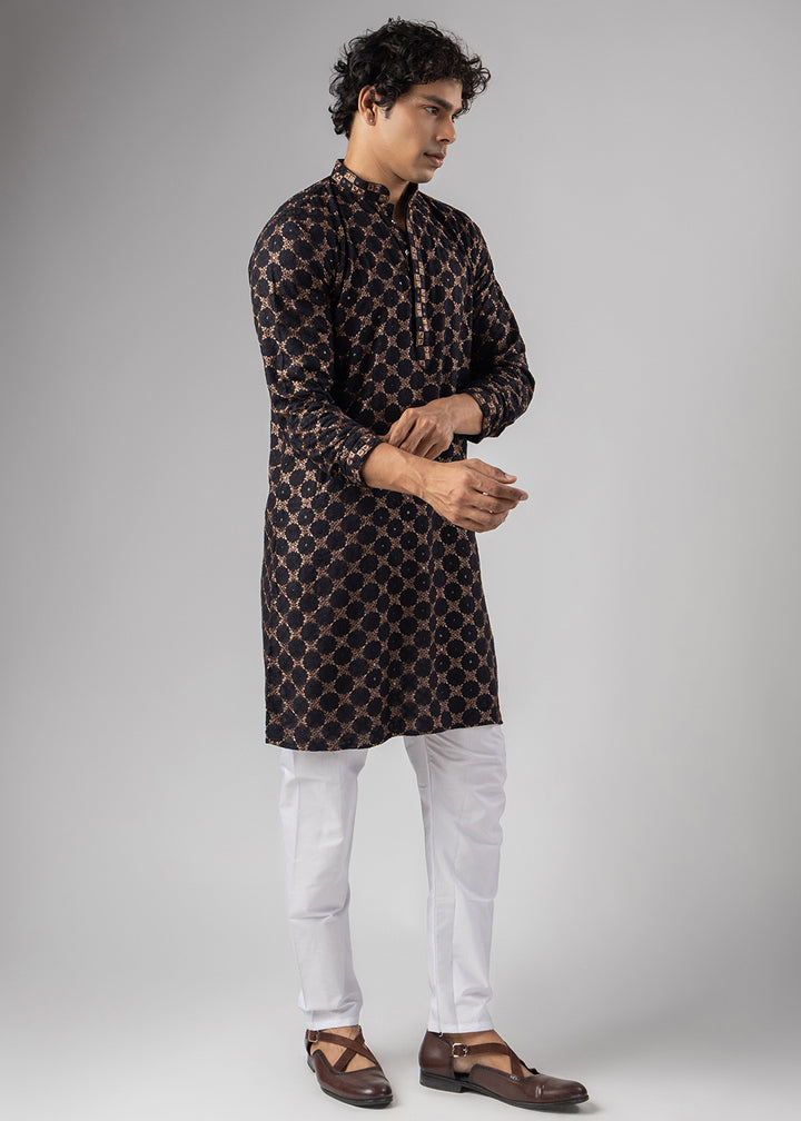 Coal Black Rayon Kurta with Circular Motif Embroidery