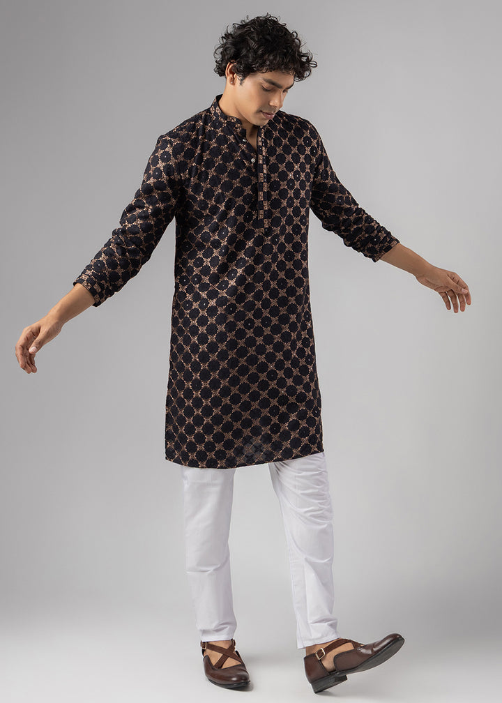 Coal Black Rayon Kurta with Circular Motif Embroidery
