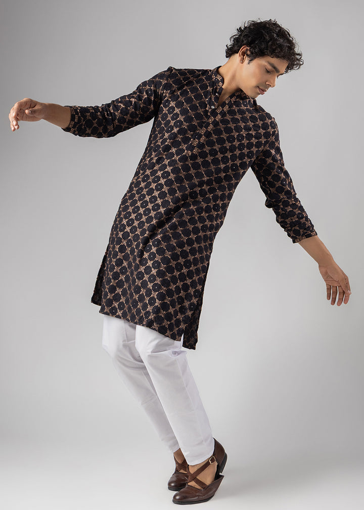 Coal Black Rayon Kurta with Circular Motif Embroidery