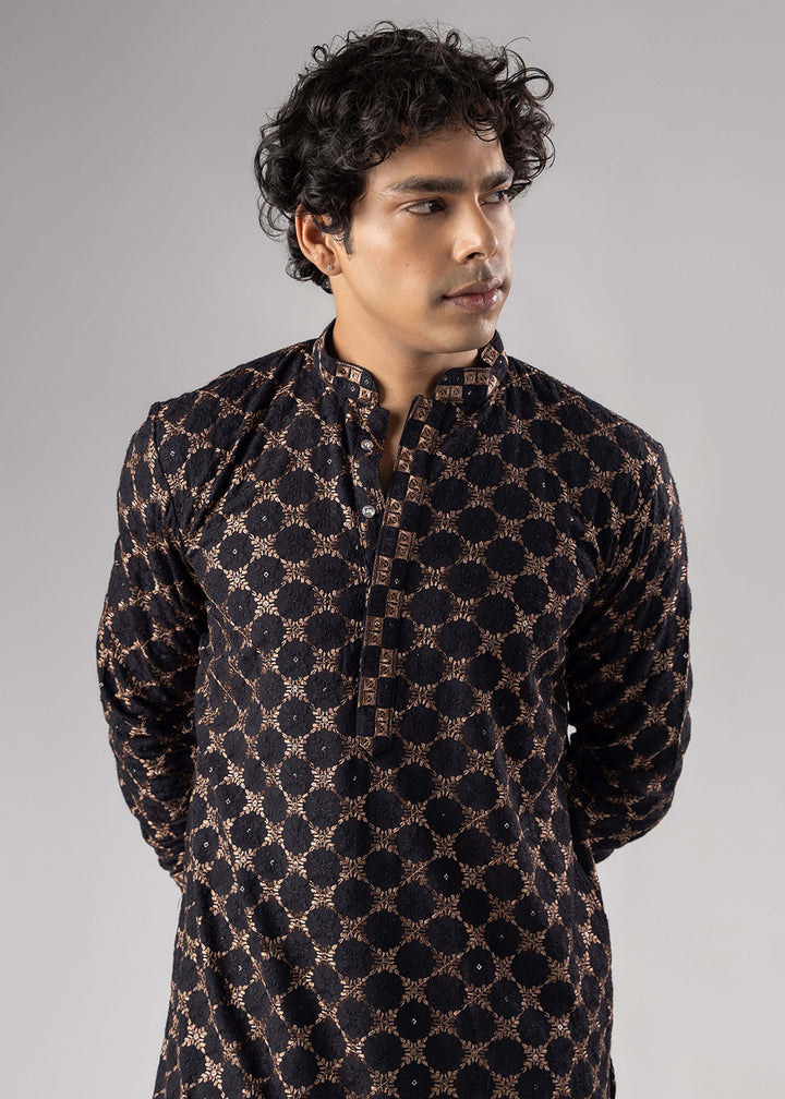 Coal Black Rayon Kurta with Circular Motif Embroidery
