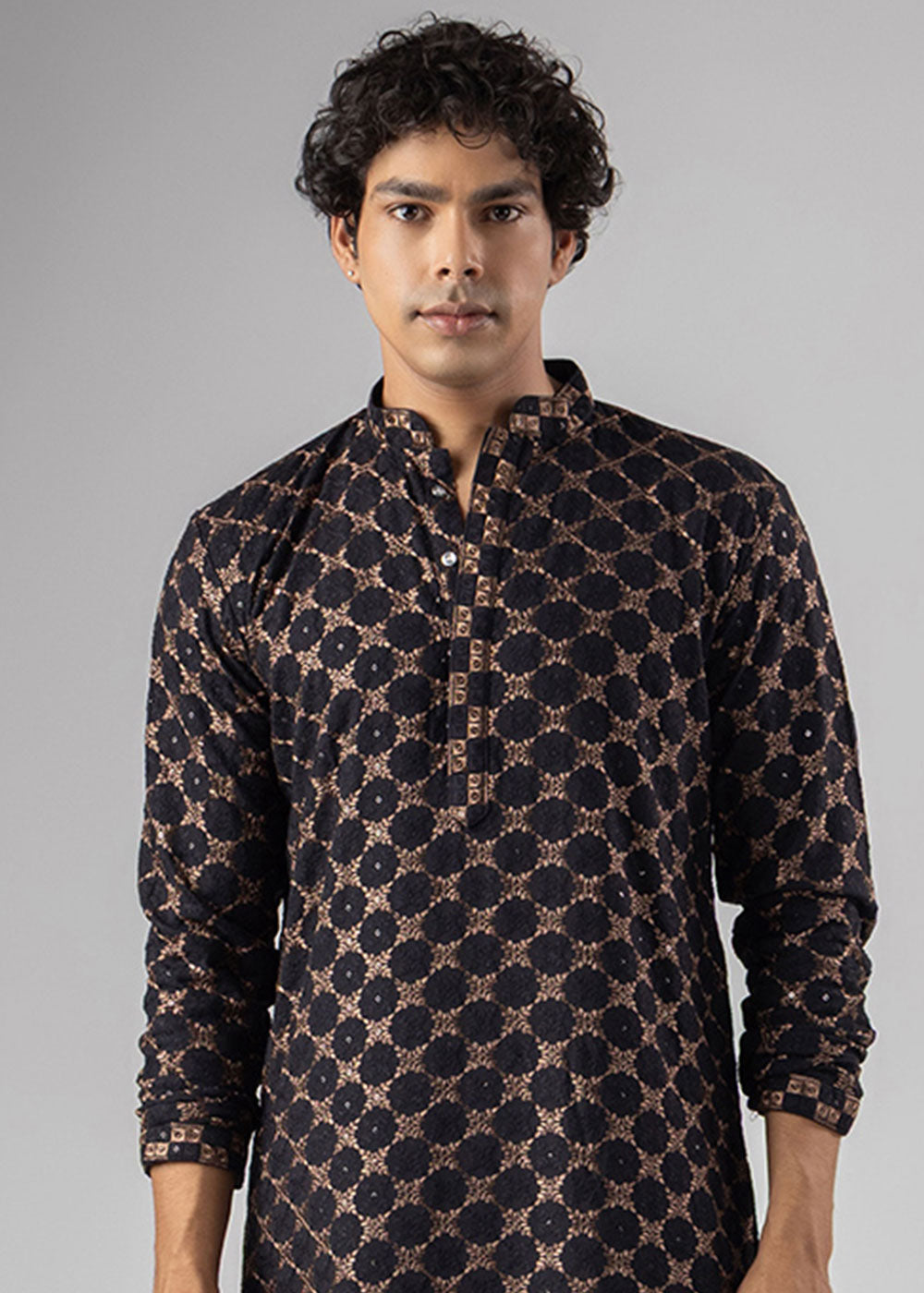 Coal Black Rayon Kurta with Circular Motif Embroidery