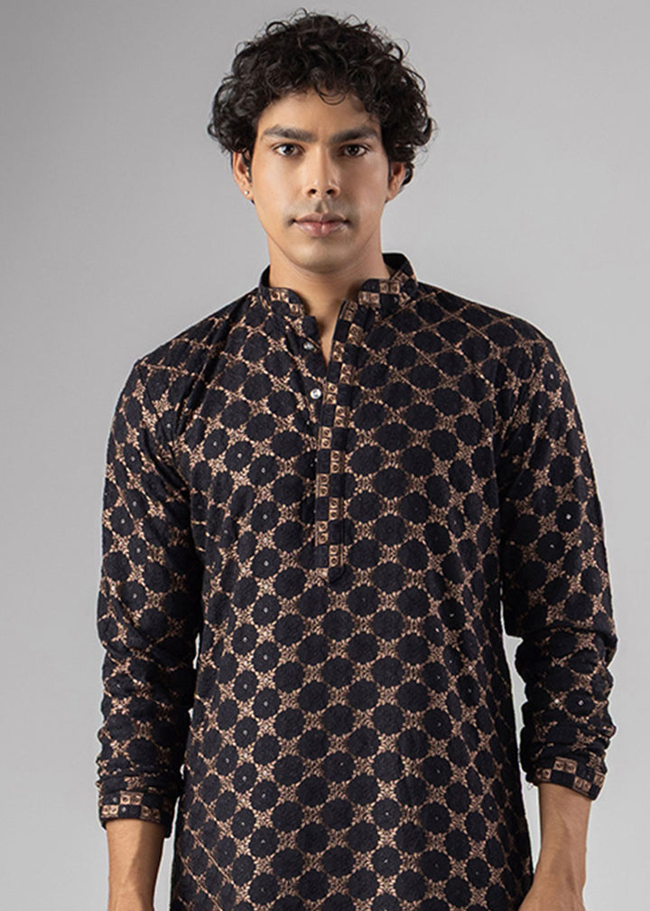 Coal Black Rayon Kurta with Circular Motif Embroidery