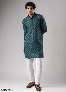 Teal Blue Rayon Kurta with Circular Motif Embroidery