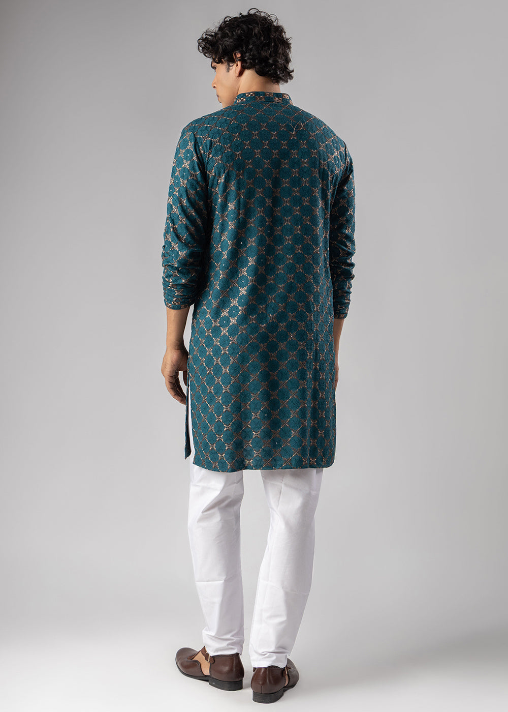 Teal Blue Rayon Kurta with Circular Motif Embroidery