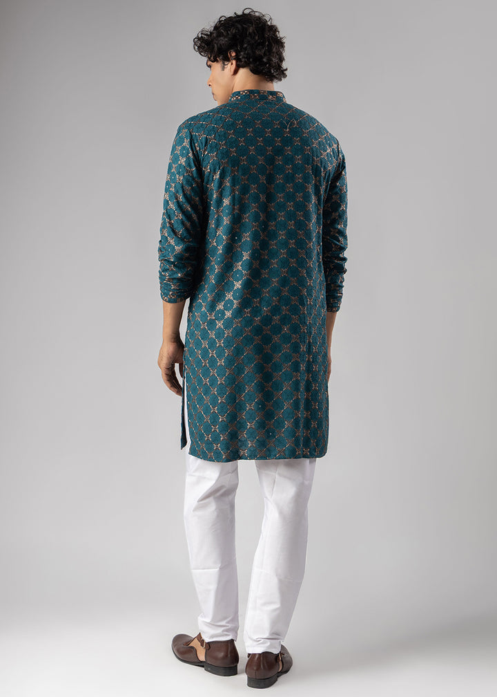 Teal Blue Rayon Kurta with Circular Motif Embroidery