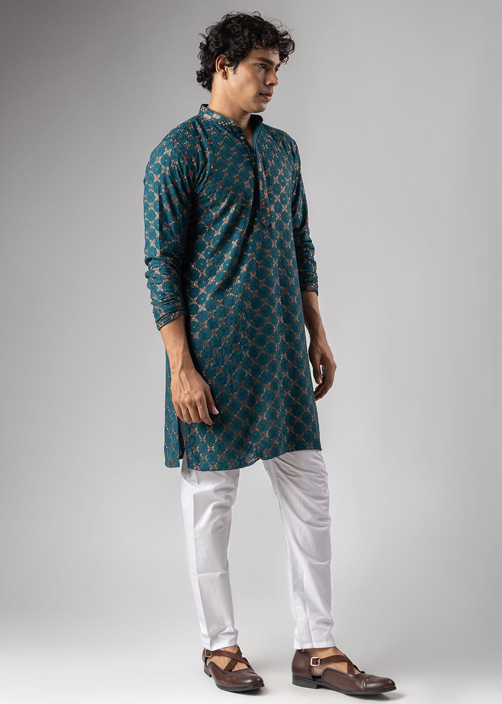 Teal Blue Rayon Kurta with Circular Motif Embroidery