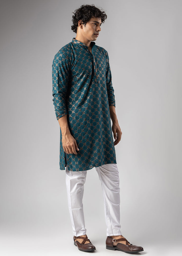 Teal Blue Rayon Kurta with Circular Motif Embroidery