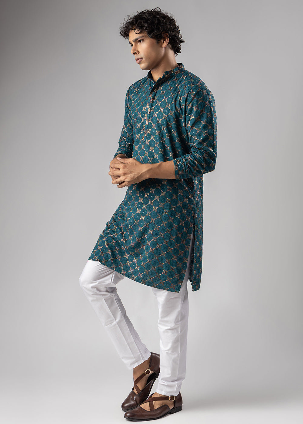 Teal Blue Rayon Kurta with Circular Motif Embroidery
