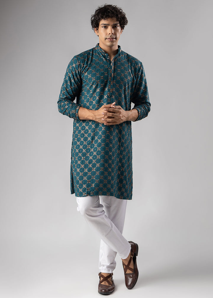 Teal Blue Rayon Kurta with Circular Motif Embroidery