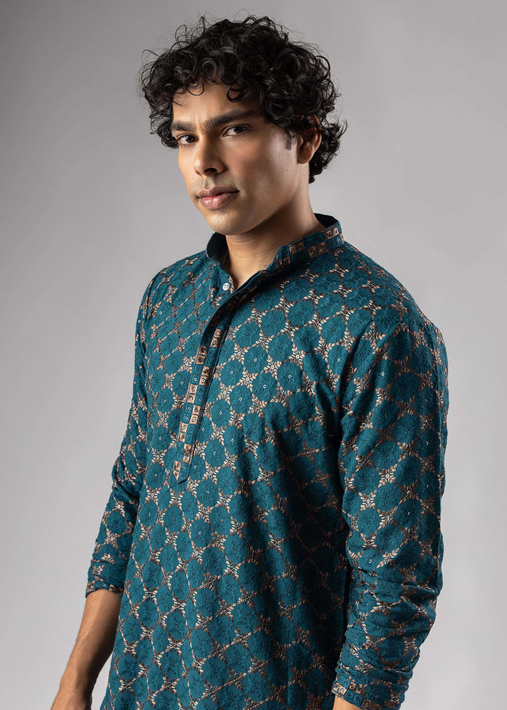 Teal Blue Rayon Kurta with Circular Motif Embroidery