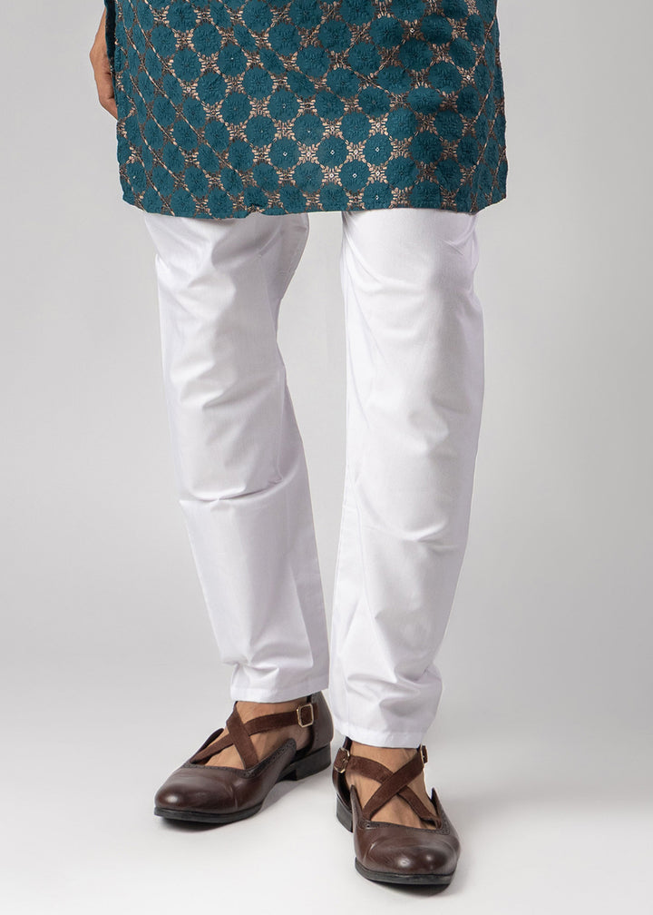 Teal Blue Rayon Kurta with Circular Motif Embroidery
