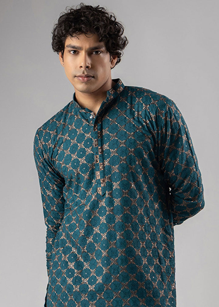 Teal Blue Rayon Kurta with Circular Motif Embroidery