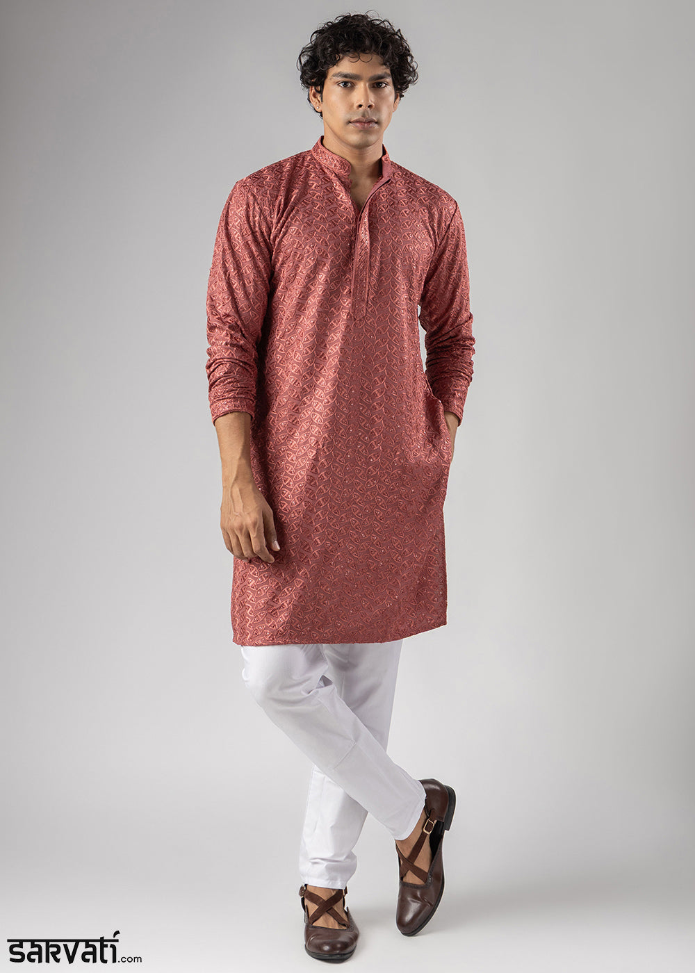 Bittersweet Orange Rayon Kurta with Ornamental Embroidery