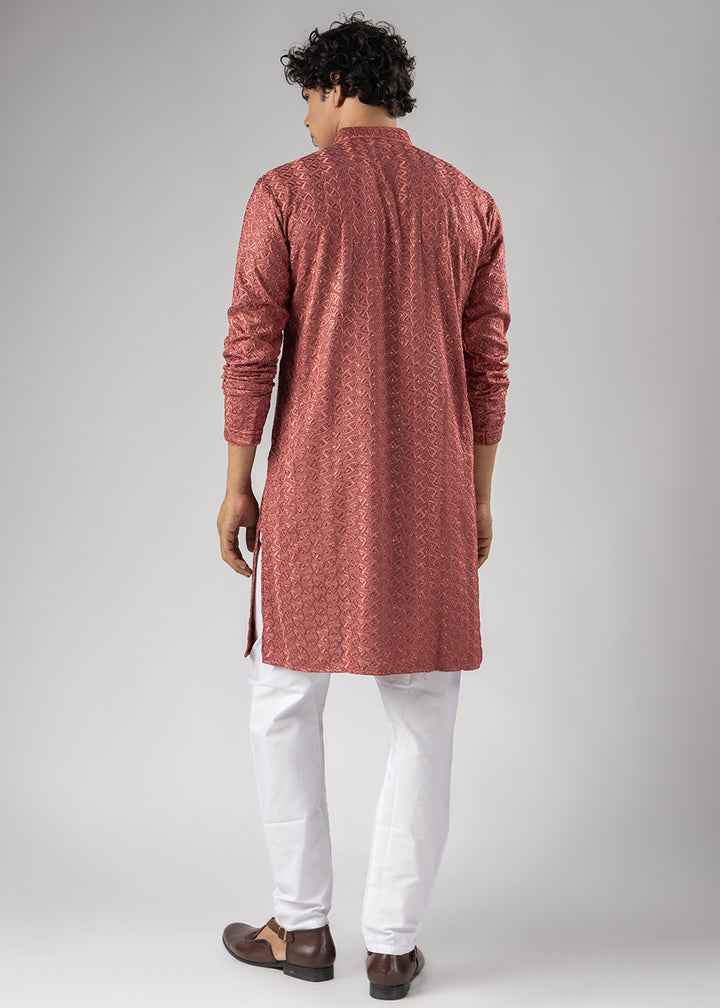 Bittersweet Orange Rayon Kurta with Ornamental Embroidery