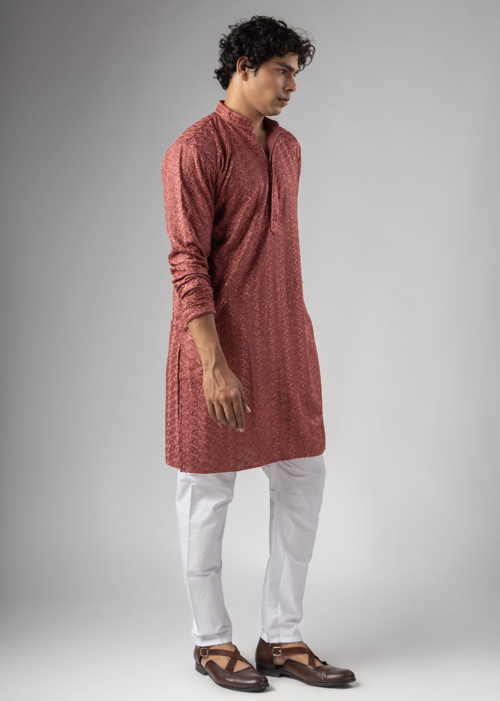 Bittersweet Orange Rayon Kurta with Ornamental Embroidery