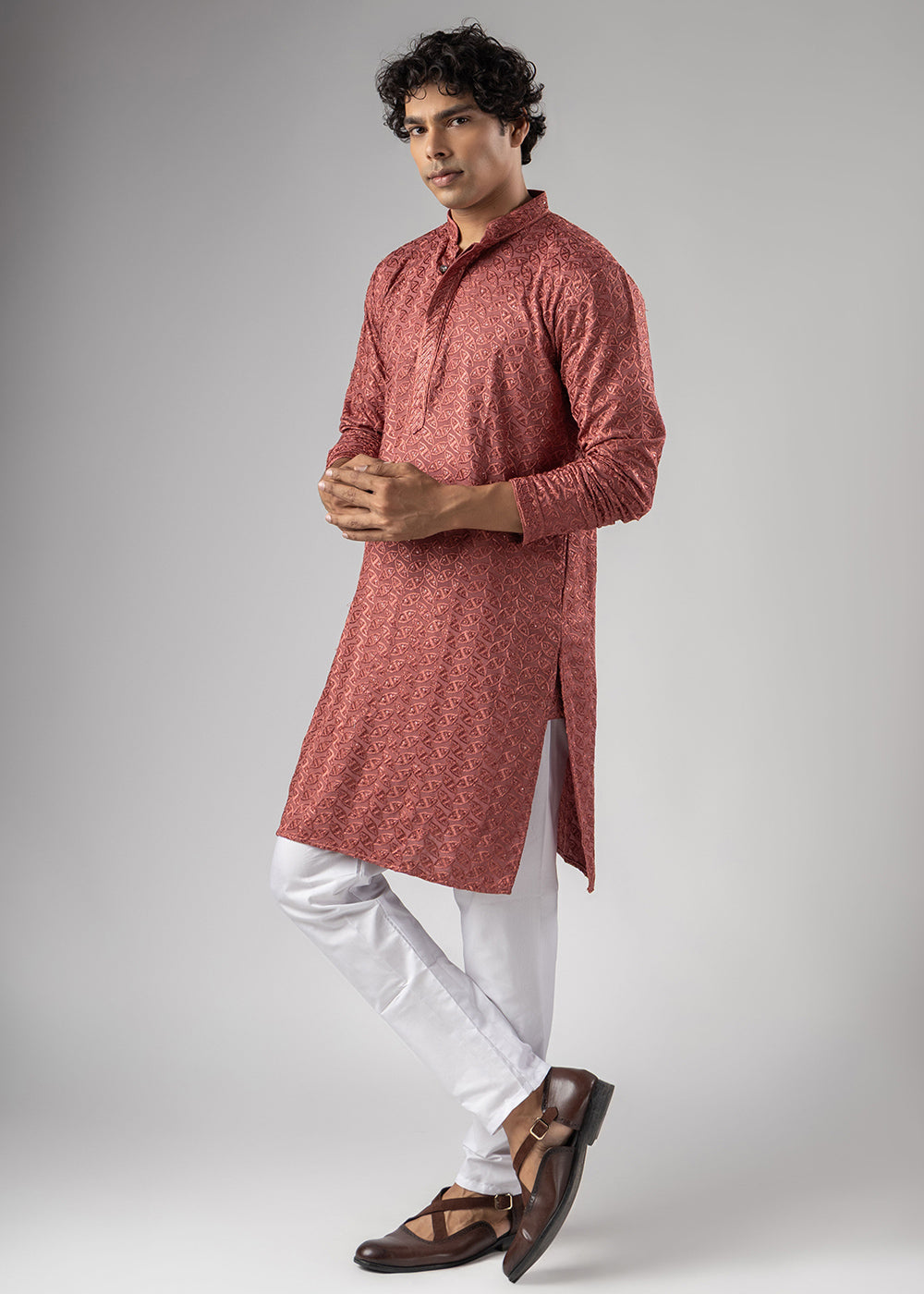 Bittersweet Orange Rayon Kurta with Ornamental Embroidery