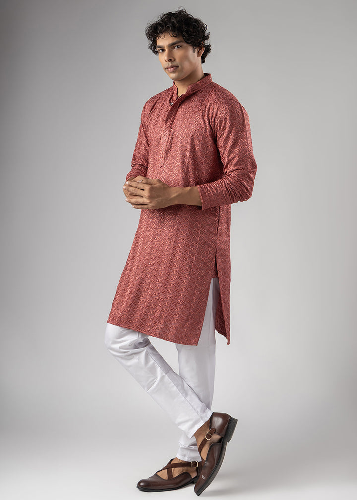 Bittersweet Orange Rayon Kurta with Ornamental Embroidery