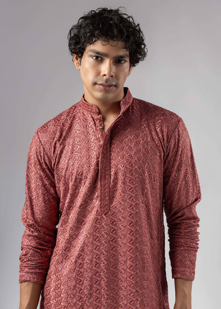 Bittersweet Orange Rayon Kurta with Ornamental Embroidery