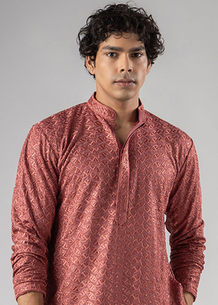 Bittersweet Orange Rayon Kurta with Ornamental Embroidery
