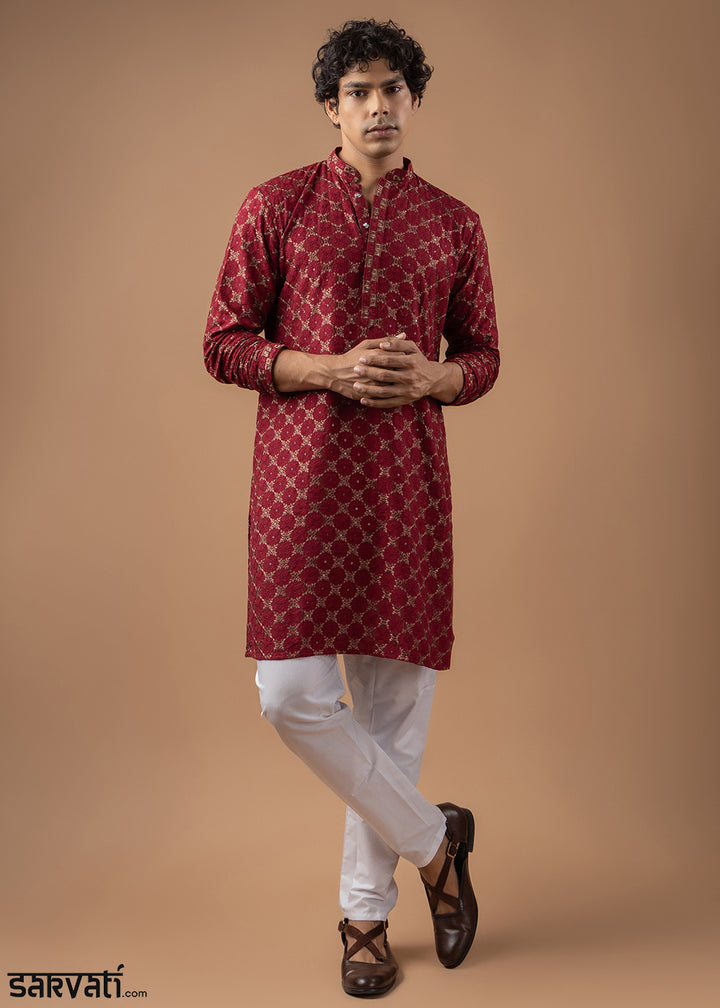 Currant Red Rayon Kurta with Circular Motif Embroidery