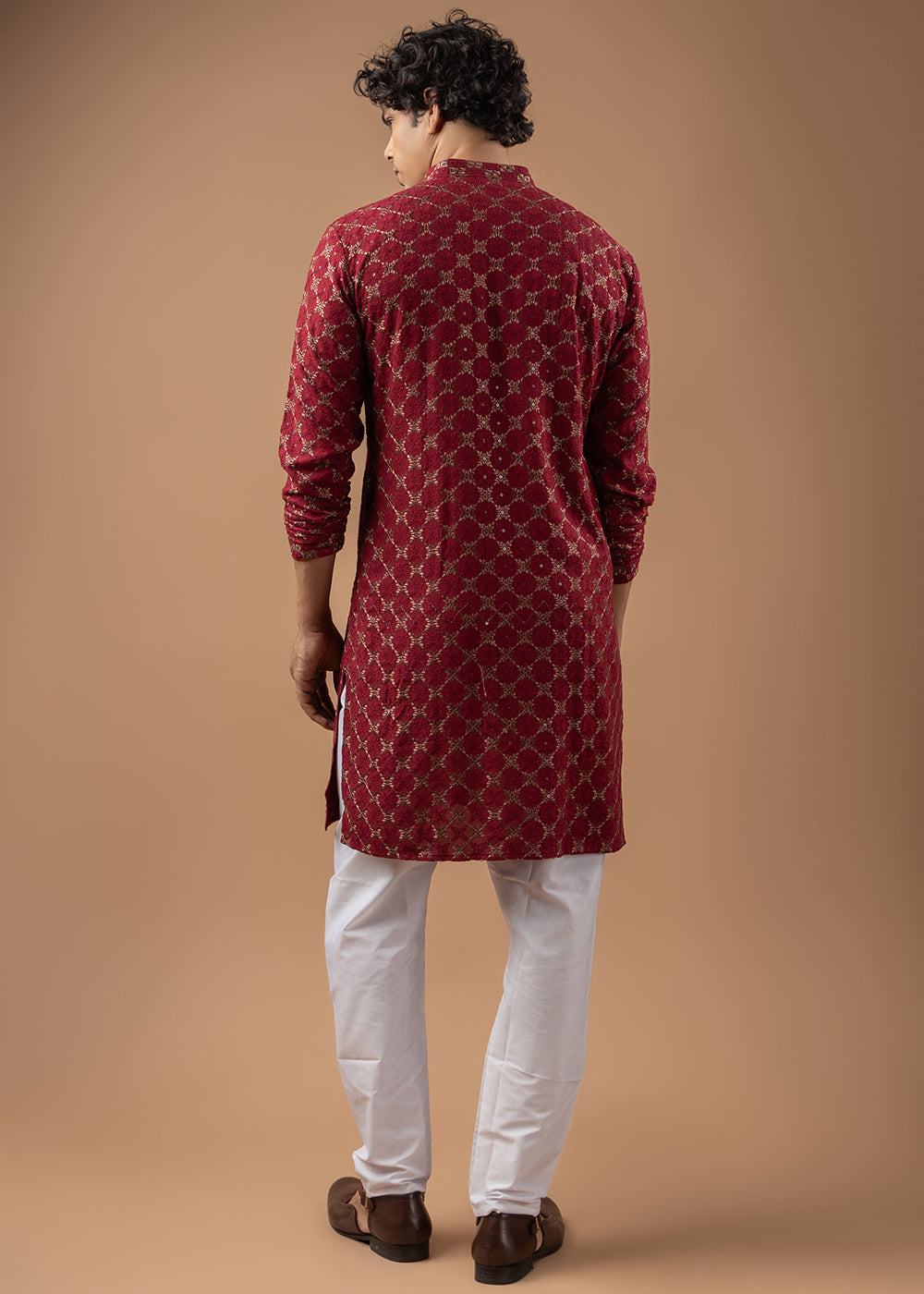 Currant Red Rayon Kurta with Circular Motif Embroidery