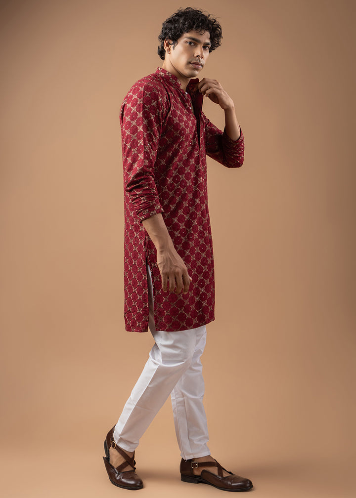 Currant Red Rayon Kurta with Circular Motif Embroidery