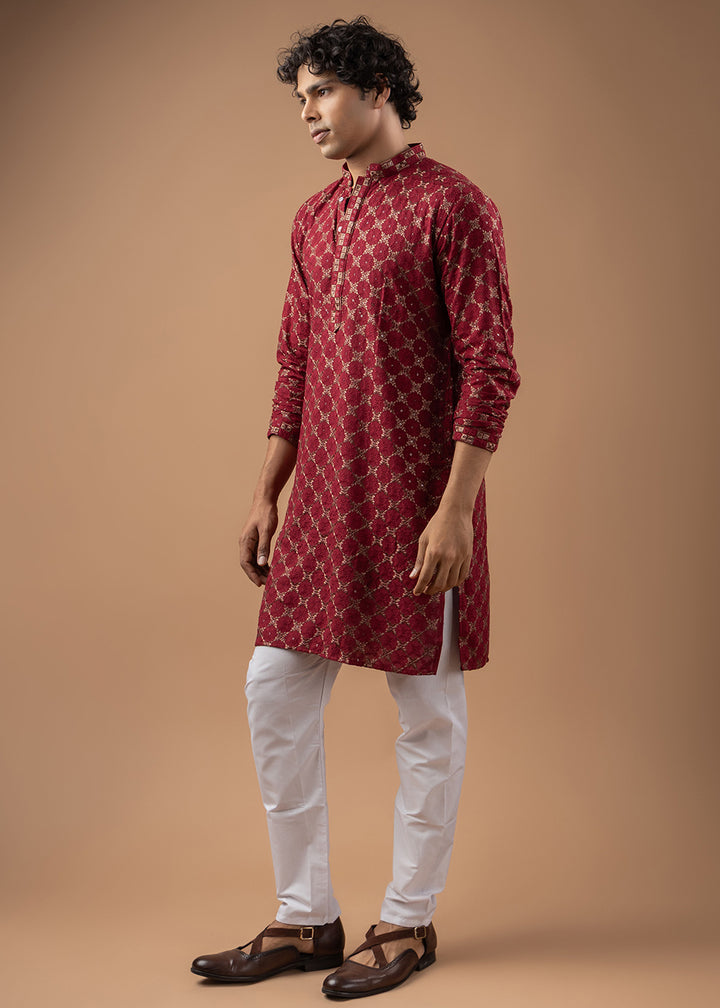 Currant Red Rayon Kurta with Circular Motif Embroidery