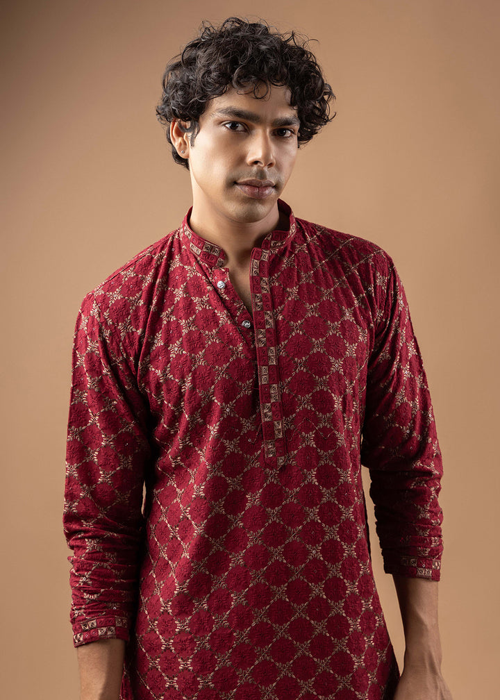 Currant Red Rayon Kurta with Circular Motif Embroidery