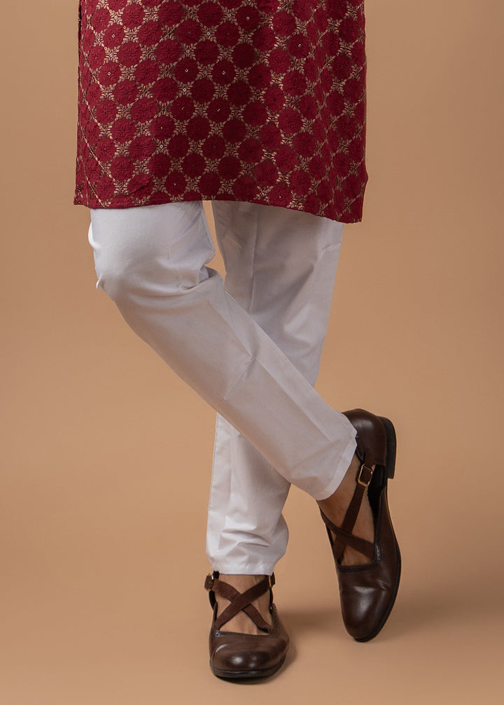 Currant Red Rayon Kurta with Circular Motif Embroidery