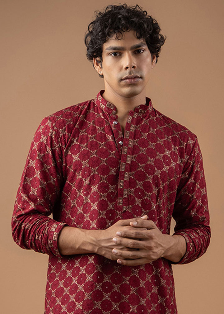 Currant Red Rayon Kurta with Circular Motif Embroidery
