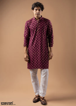 Grape Purple Rayon Kurta with Circular Motif Embroidery