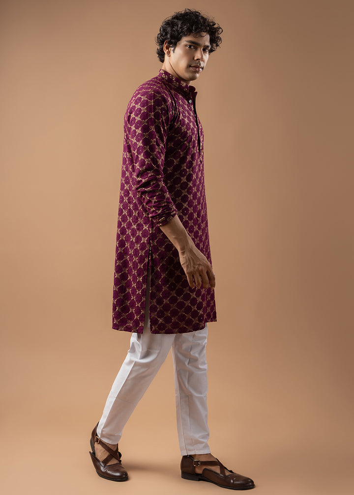 Grape Purple Rayon Kurta with Circular Motif Embroidery