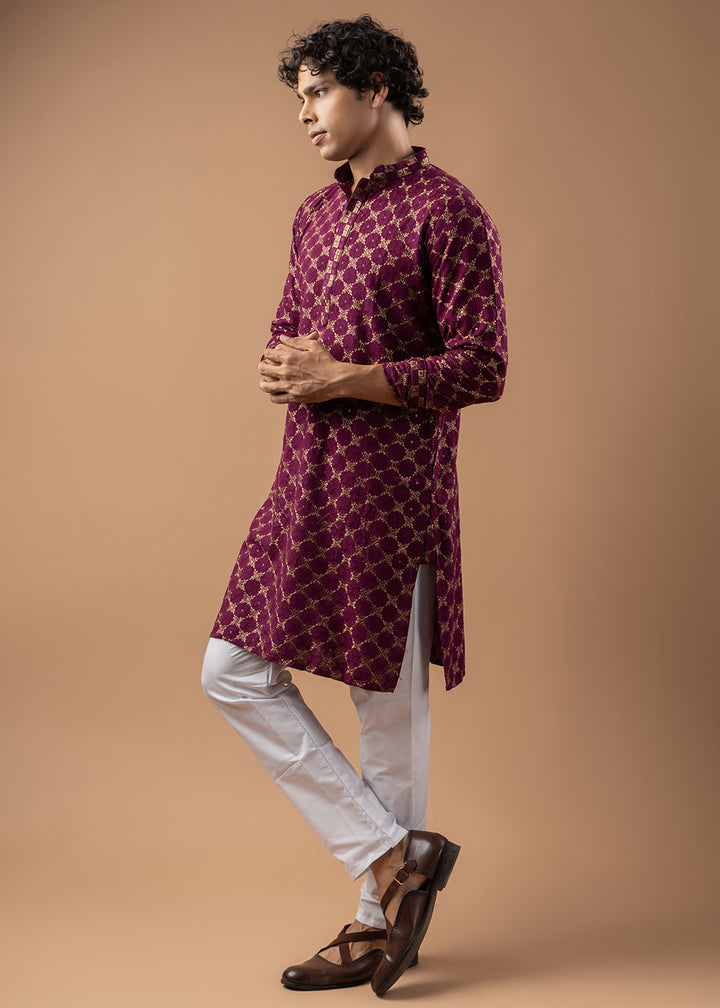 Grape Purple Rayon Kurta with Circular Motif Embroidery
