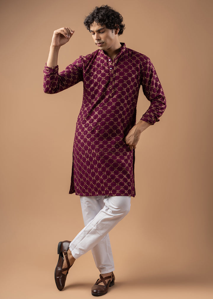 Grape Purple Rayon Kurta with Circular Motif Embroidery