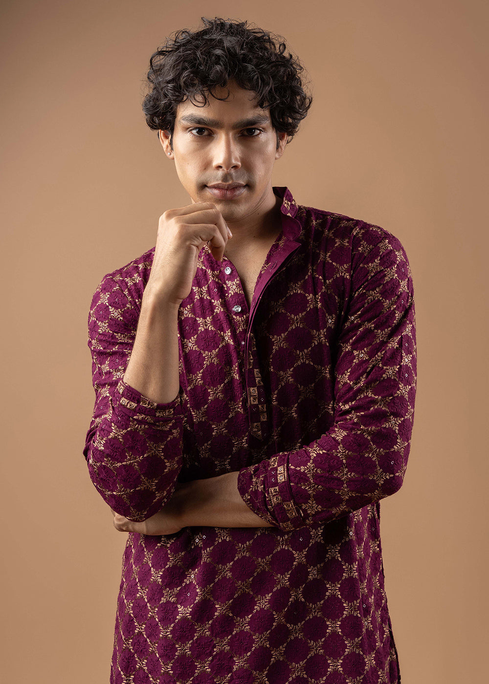 Grape Purple Rayon Kurta with Circular Motif Embroidery