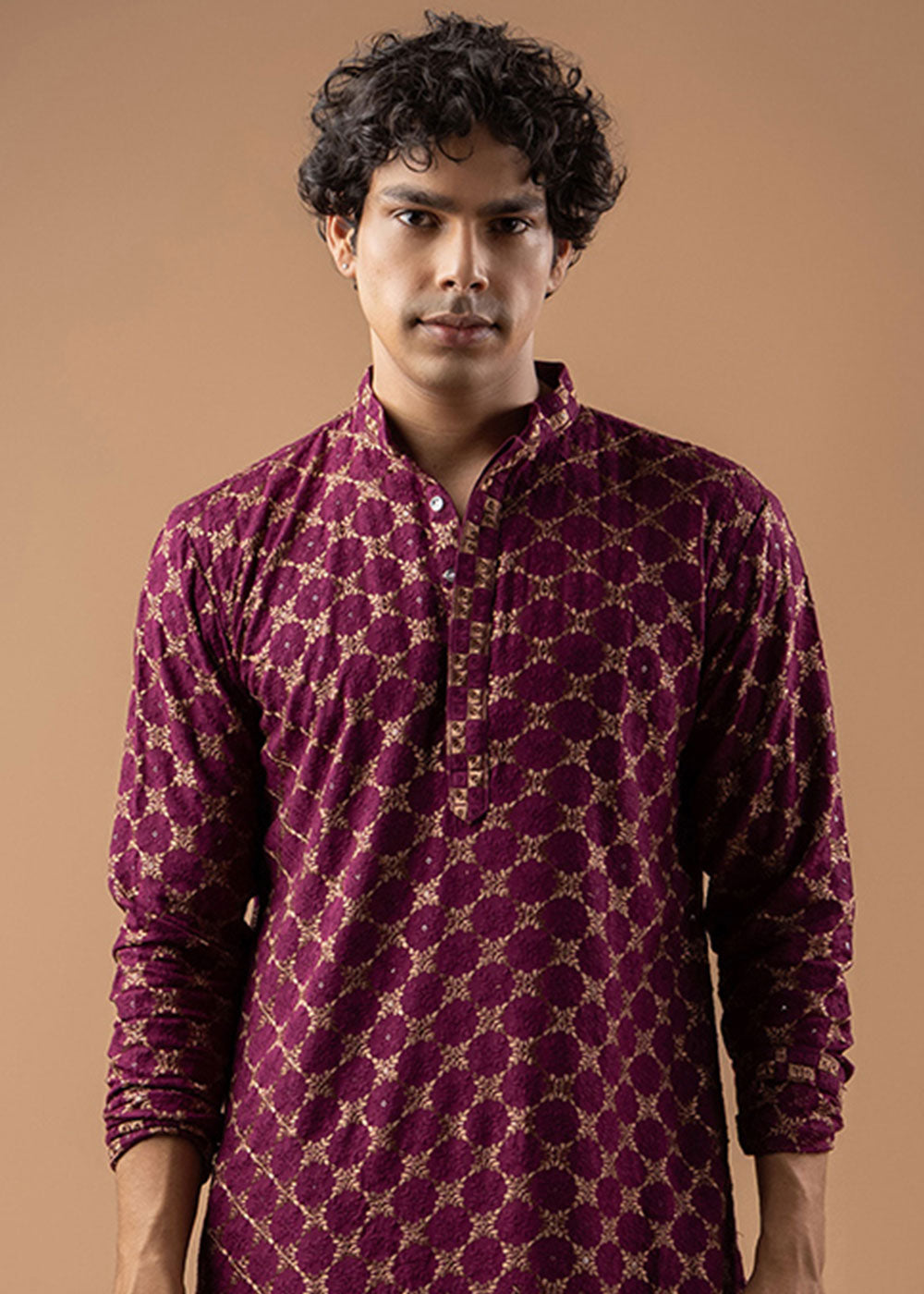 Grape Purple Rayon Kurta with Circular Motif Embroidery