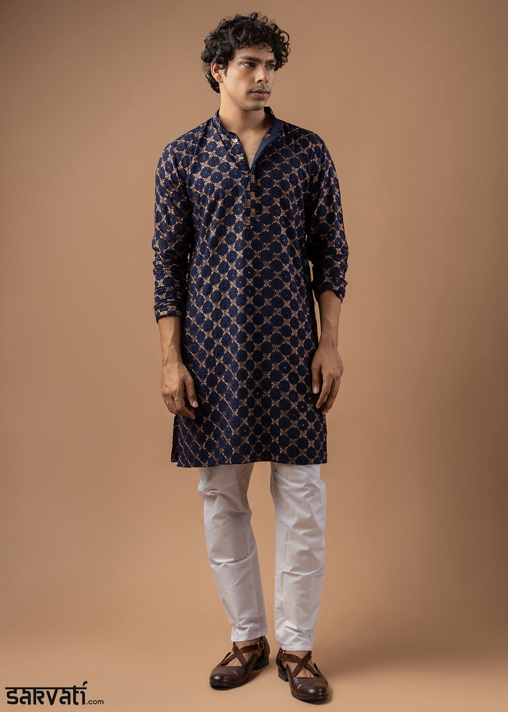 Navy Blue Rayon Kurta with Circular Motif Embroidery