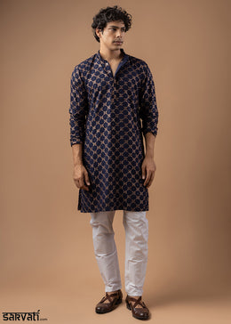 Navy Blue Rayon Kurta with Circular Motif Embroidery