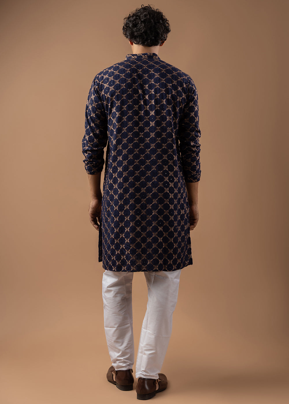 Navy Blue Rayon Kurta with Circular Motif Embroidery